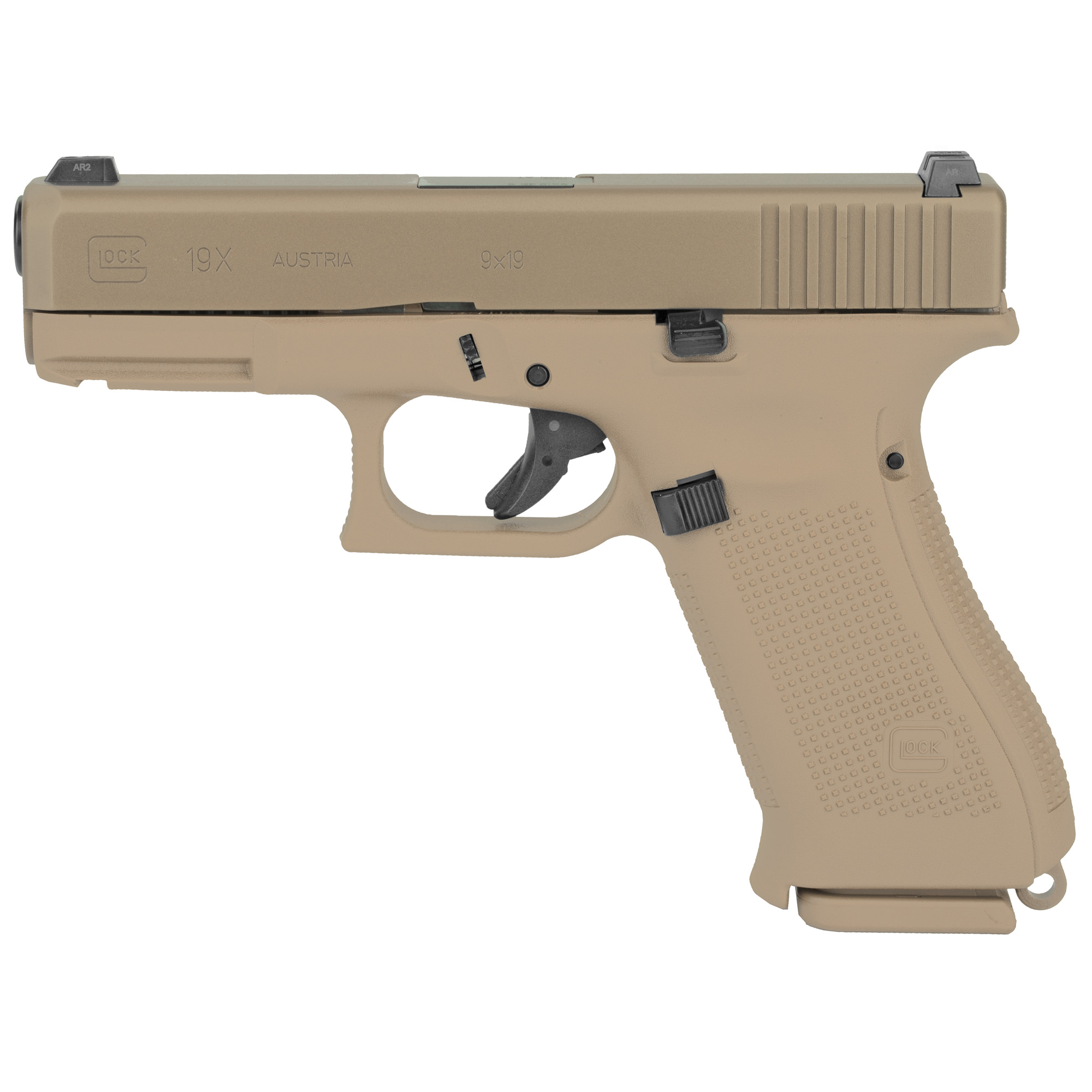 Glock, 19X, Striker Fired, Semi-automatic, Polymer Frame Pistol, Compact, 9MM, 4.02" Barrel, Glock Marksman Barrel, nPVD Finish, Coyote, No Finger Grooves, Glock Night Sights, 19 Rounds, 3 Magazines, (2)-19 Rounds