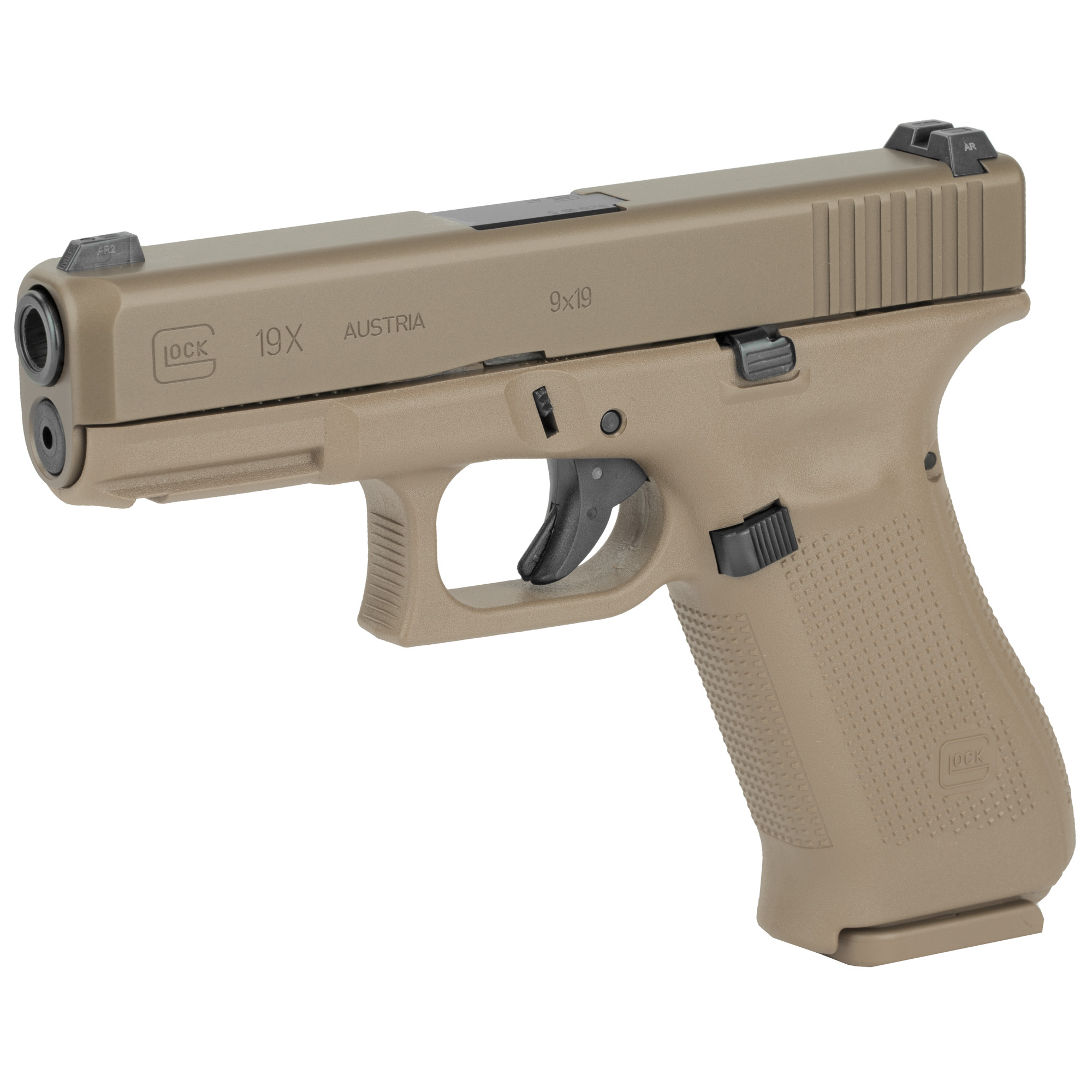Glock, 19X, Striker Fired, Semi-automatic, Polymer Frame Pistol, Compact, 9MM, 4.02" Barrel, Glock Marksman Barrel, nPVD Finish, Coyote, No Finger Grooves, Glock Night Sights, 19 Rounds, 3 Magazines, (2)-19 Rounds