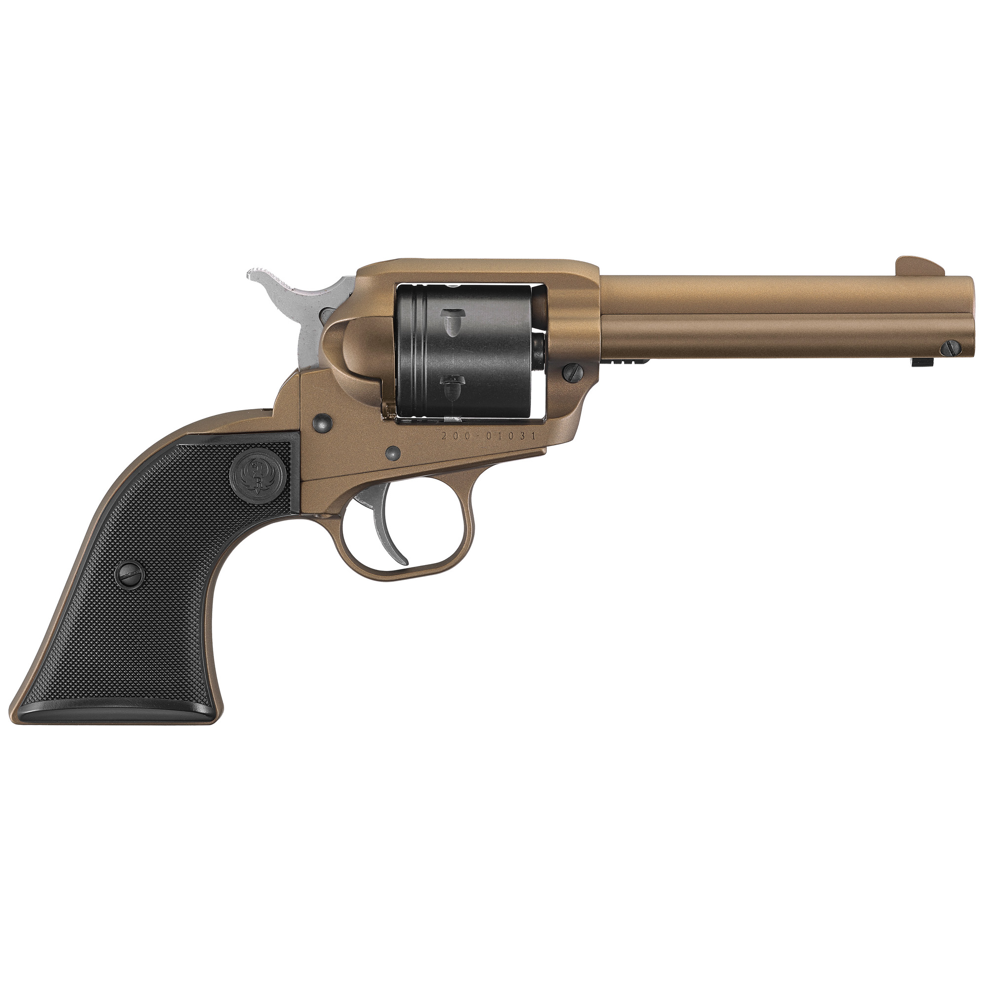 Ruger, Wrangler, Single Action Only, Revolver, 22LR, 4.62" Barrel, Aluminum Alloy, Cerakote Finish, Burnt Bronze, Checkered Synthetic Grips, Integral Notch Rear Sight/Blade Front Sight, Transfer Bar Safety, 6 Rounds