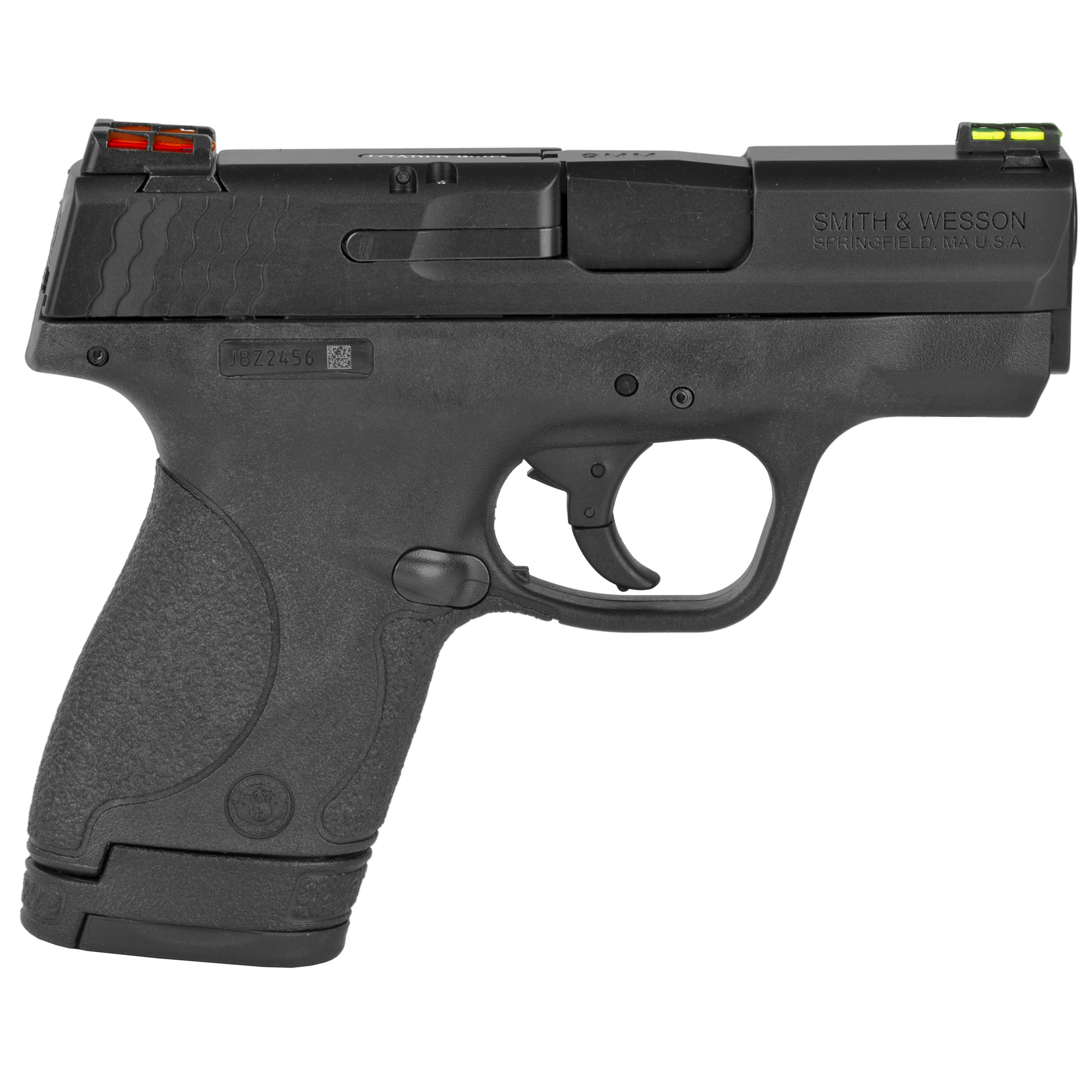 Smith & Wesson, M&P Shield, Striker Fired, Semi-automatic, Polymer Frame Pistol, Micro-Compact, 9MM, 3.1" Barrel, Armornite Finish, Black, HiViz Fiber Optic Sights, Manual Thumb Safety, 2 Magazines, (1) 7-Round and (1) 8-Round