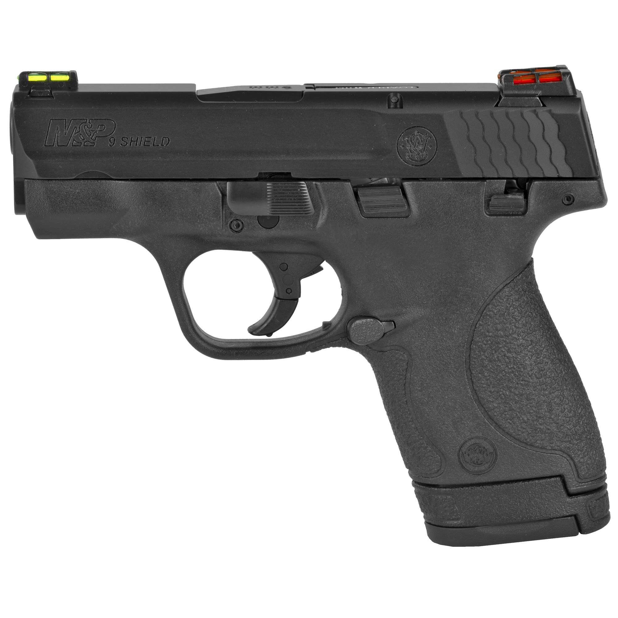 Smith & Wesson, M&P Shield, Striker Fired, Semi-automatic, Polymer Frame Pistol, Micro-Compact, 9MM, 3.1" Barrel, Armornite Finish, Black, HiViz Fiber Optic Sights, Manual Thumb Safety, 2 Magazines, (1) 7-Round and (1) 8-Round