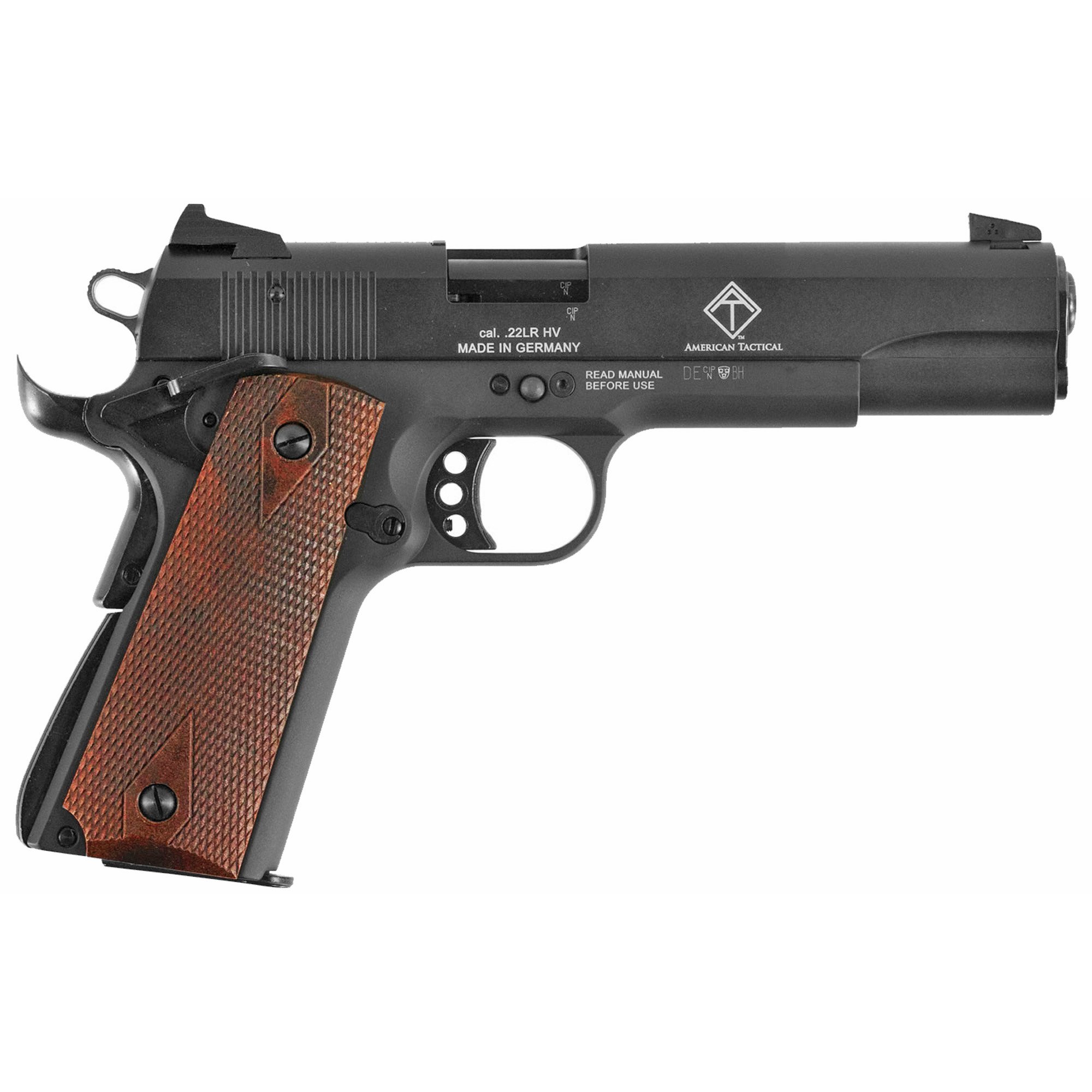 American Tactical, M1911, Semi-automatic, Metal Frame Pistol, Full Size, 22LR, 5" Barrel, Threaded, Alloy, Blued Finish, Wood Grips, 10 Rounds