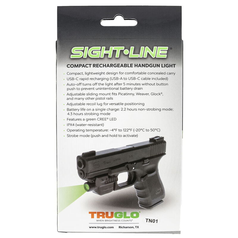 TRUGLO Sight-Line Handgun Light Green LED Rechargeable Batteries Pistol Rail Mount Polymer Black