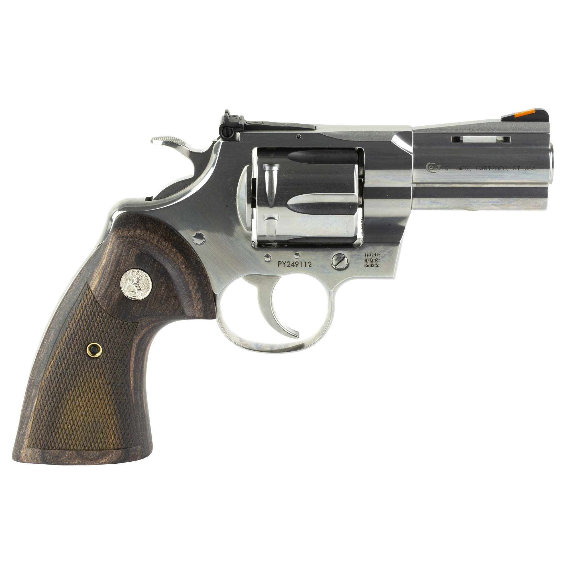 Colt's Manufacturing, Python, Double Action, Steel Frame Revolver, 357 Magnum, 3" Barrel, Stainless Steel Finish, Silver, Walnut Target Grips, Blade Front/Adjustable Rear Sights, 6 Rounds