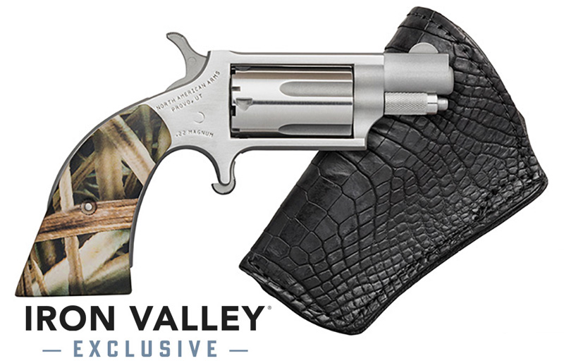 Mini-Revolver Gator Gun, .22 Mag, 1.13" Barrel, Fixed Sight, Stainless, MOGB Grip, Black IP Gator Skin Holster, IVS Exclusive