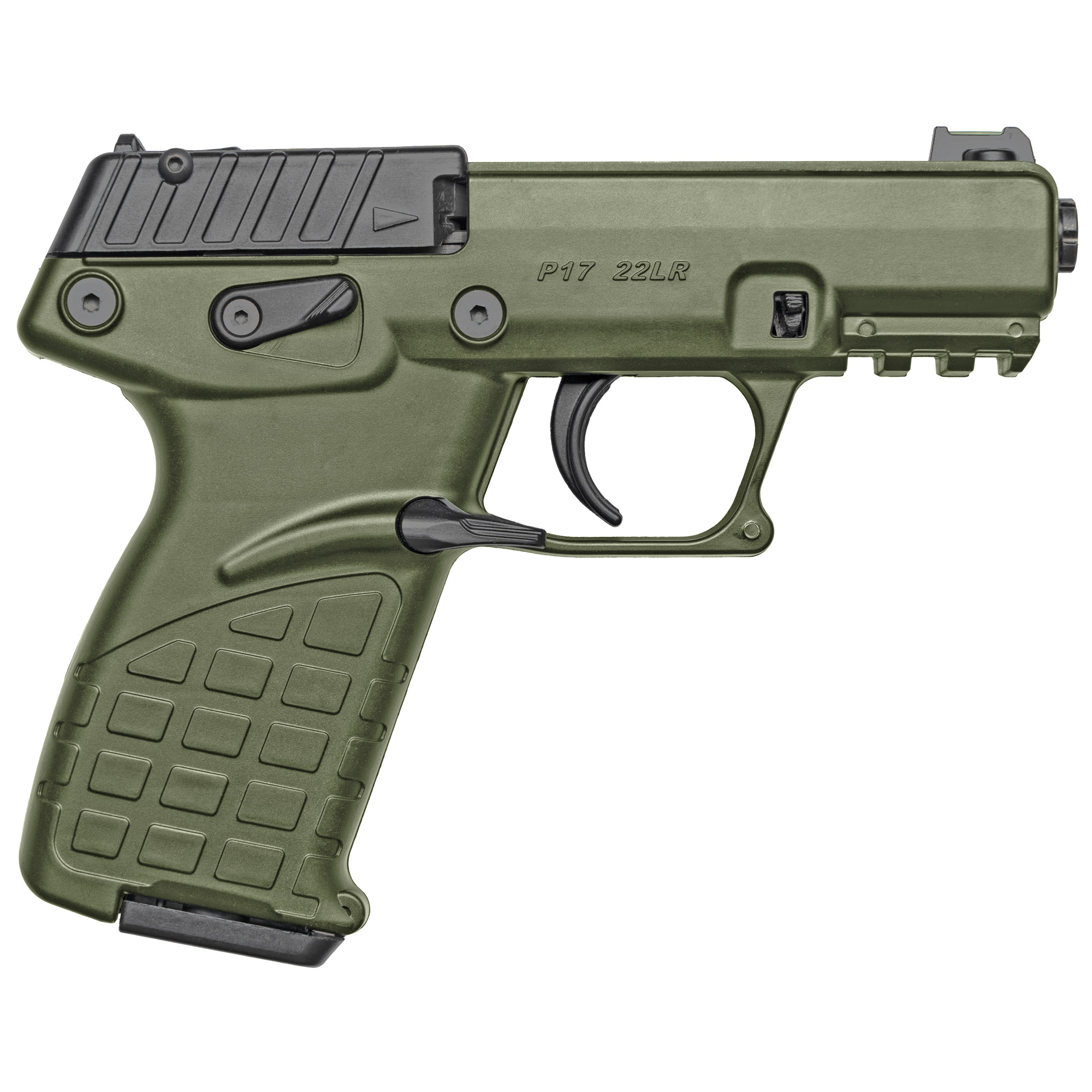 Kel-Tec, P17, Single Action, Semi-automatic, Polymer Frame Pistol, Compact, 22LR, 3.93" Barrel, Threaded Barrel, Green, Fiber Optic Front Sight, 16 Rounds