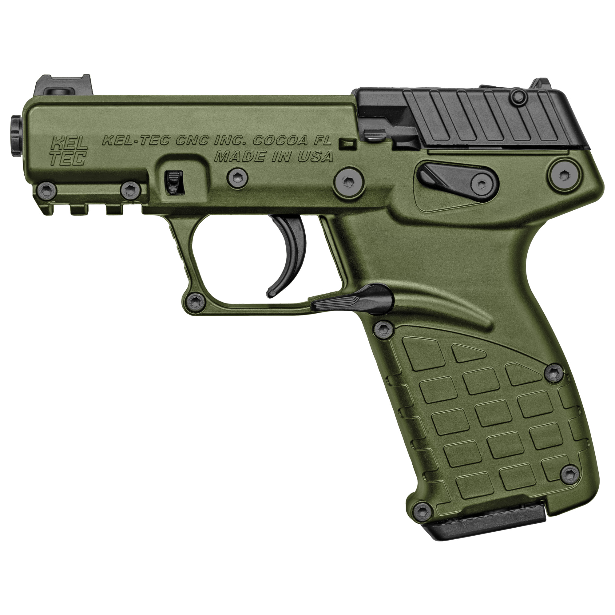 Kel-Tec, P17, Single Action, Semi-automatic, Polymer Frame Pistol, Compact, 22LR, 3.93" Barrel, Threaded Barrel, Green, Fiber Optic Front Sight, 16 Rounds