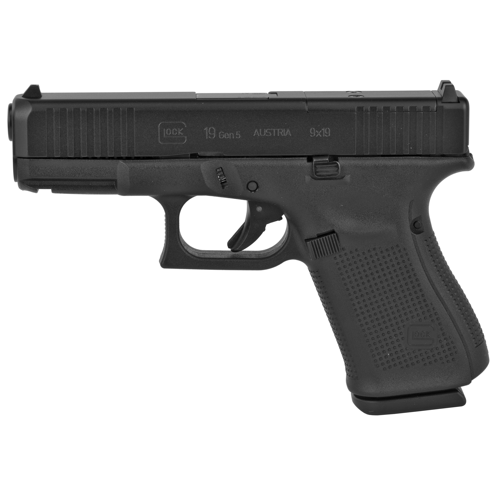 Glock, 19 Gen5 M.O.S., Striker Fired, Compact Size, 9MM, 4.02" Marksman Barrel, Polymer Frame, Matte Finish, Fixed Sights, 15Rd, 3 Magazines, Front Serrations, Ambidextrous Slide Stop Lever, Flared Mag Well, nDLC Finished Slide and Barrel