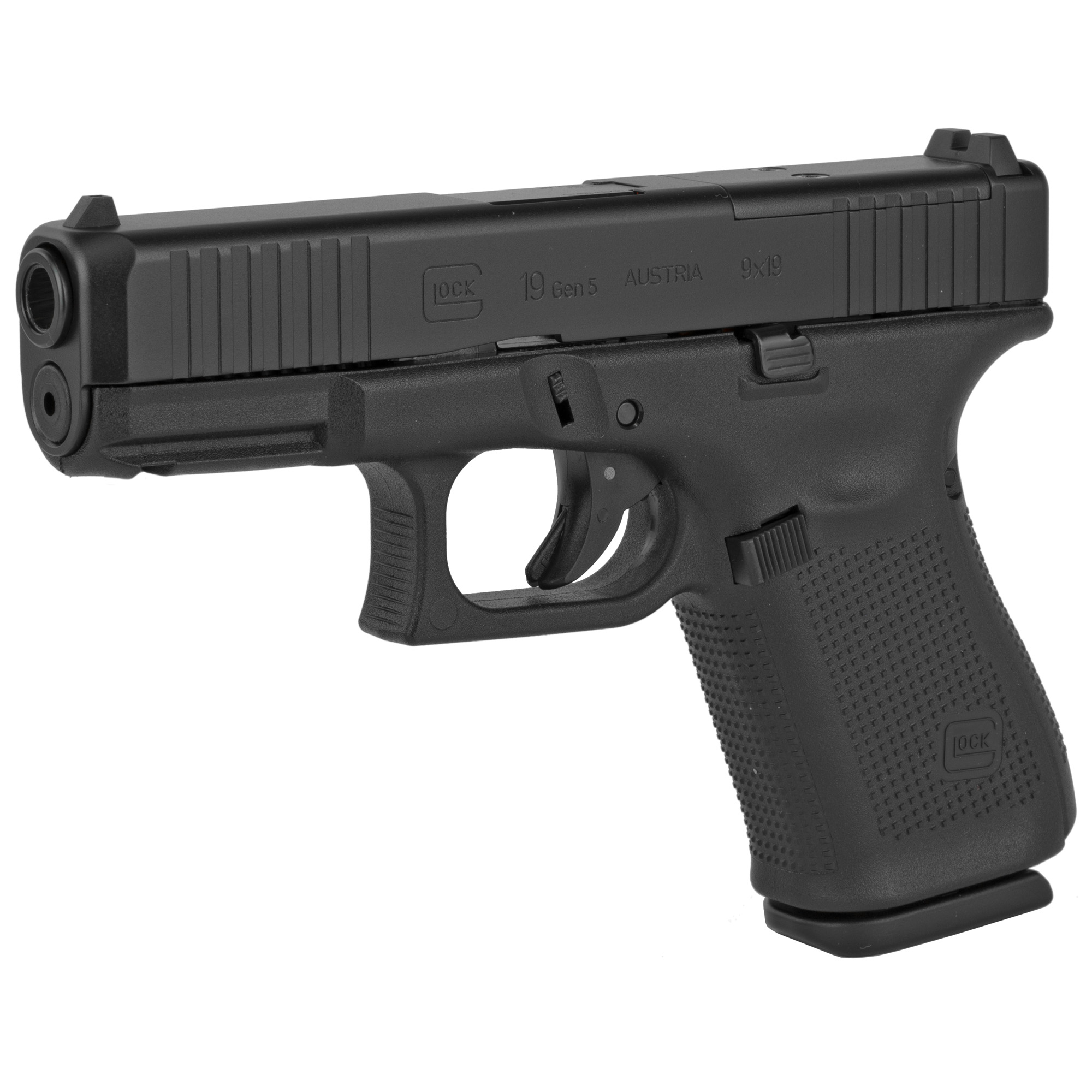 Glock, 19 Gen5 M.O.S., Striker Fired, Compact Size, 9MM, 4.02" Marksman Barrel, Polymer Frame, Matte Finish, Fixed Sights, 15Rd, 3 Magazines, Front Serrations, Ambidextrous Slide Stop Lever, Flared Mag Well, nDLC Finished Slide and Barrel