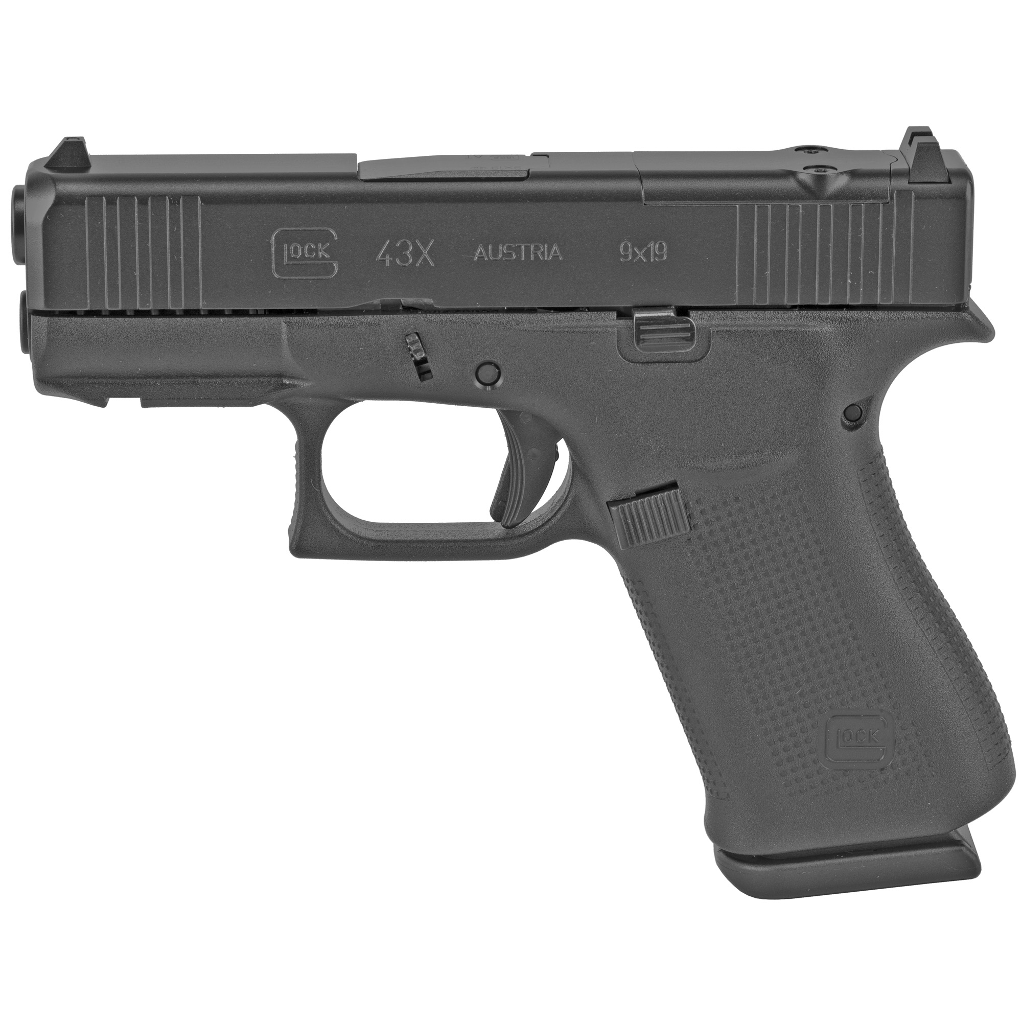 Glock, 43X MOS, Striker Fired, Semi-automatic, Polymer Frame Pistol, Sub-Compact, 9MM, 3.41" Barrel, Glock Marksman Barrel, nDLC Finish, Black, No Finger Grooves, Fixed Sights, Modular Optic System, 10 Rounds, 2 Magazines