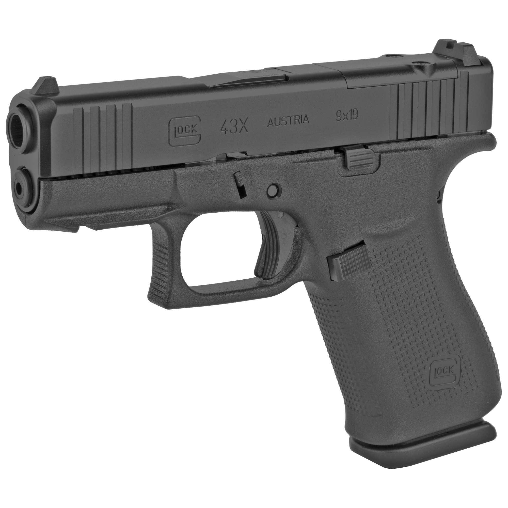 Glock, 43X MOS, Striker Fired, Semi-automatic, Polymer Frame Pistol, Sub-Compact, 9MM, 3.41" Barrel, Glock Marksman Barrel, nDLC Finish, Black, No Finger Grooves, Fixed Sights, Modular Optic System, 10 Rounds, 2 Magazines