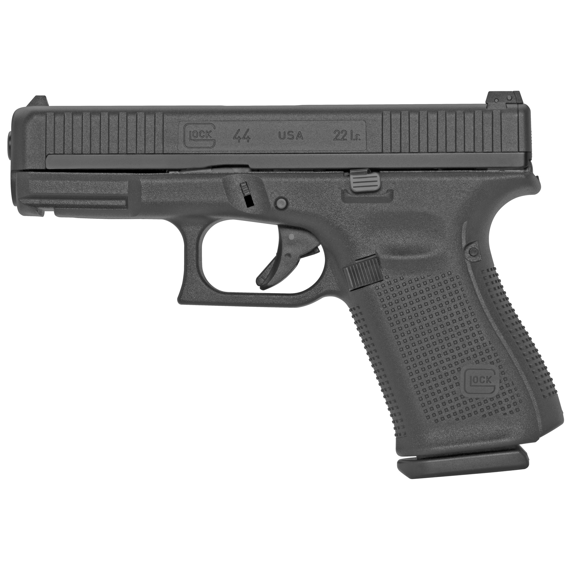 Glock, 44, Striker Fired, Semi-automatic, Polymer Frame Pistol, Compact, 22LR, 4.02" Barrel, Matte Finish, Black, No Finger Grooves, Adjustable Sights, 10 Rounds, 2 Magazines