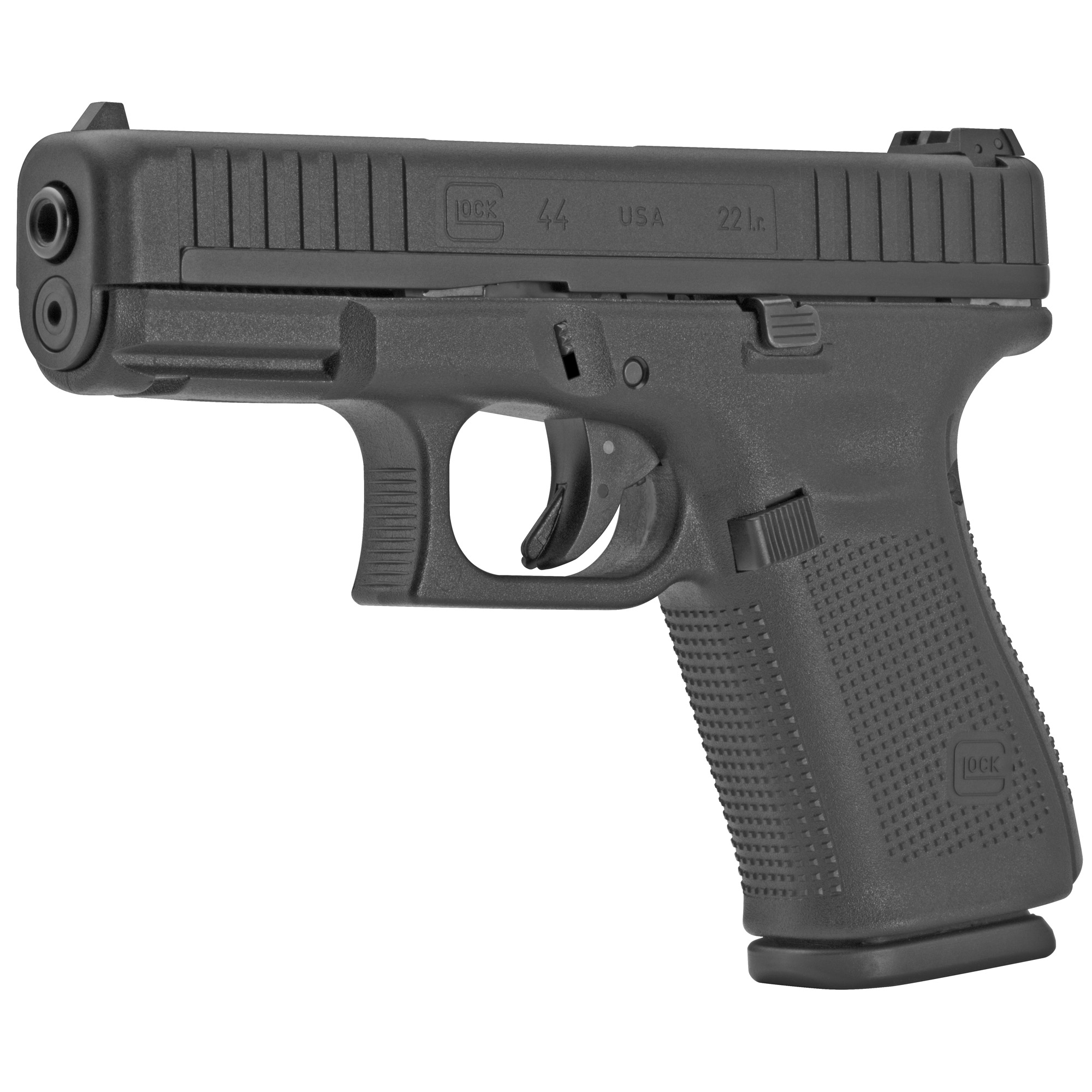 Glock, 44, Striker Fired, Semi-automatic, Polymer Frame Pistol, Compact, 22LR, 4.02" Barrel, Matte Finish, Black, No Finger Grooves, Adjustable Sights, 10 Rounds, 2 Magazines