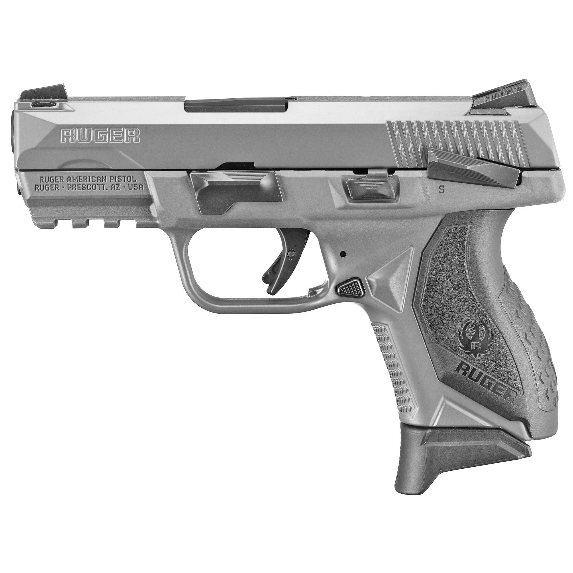 Ruger, American Compact, Striker Fired, Semi-automatic, Polymer Frame Pistol, Compact, 9MM, 3.5" Barrel, Cerakote Finish, Gray, Novak LoMount 3-Dot Sights, Ambidextrous Manual Safety, 17 Rounds, 2 Magazines, (1)-17 Rounds and (1)-12 Rounds, Ambidextrous