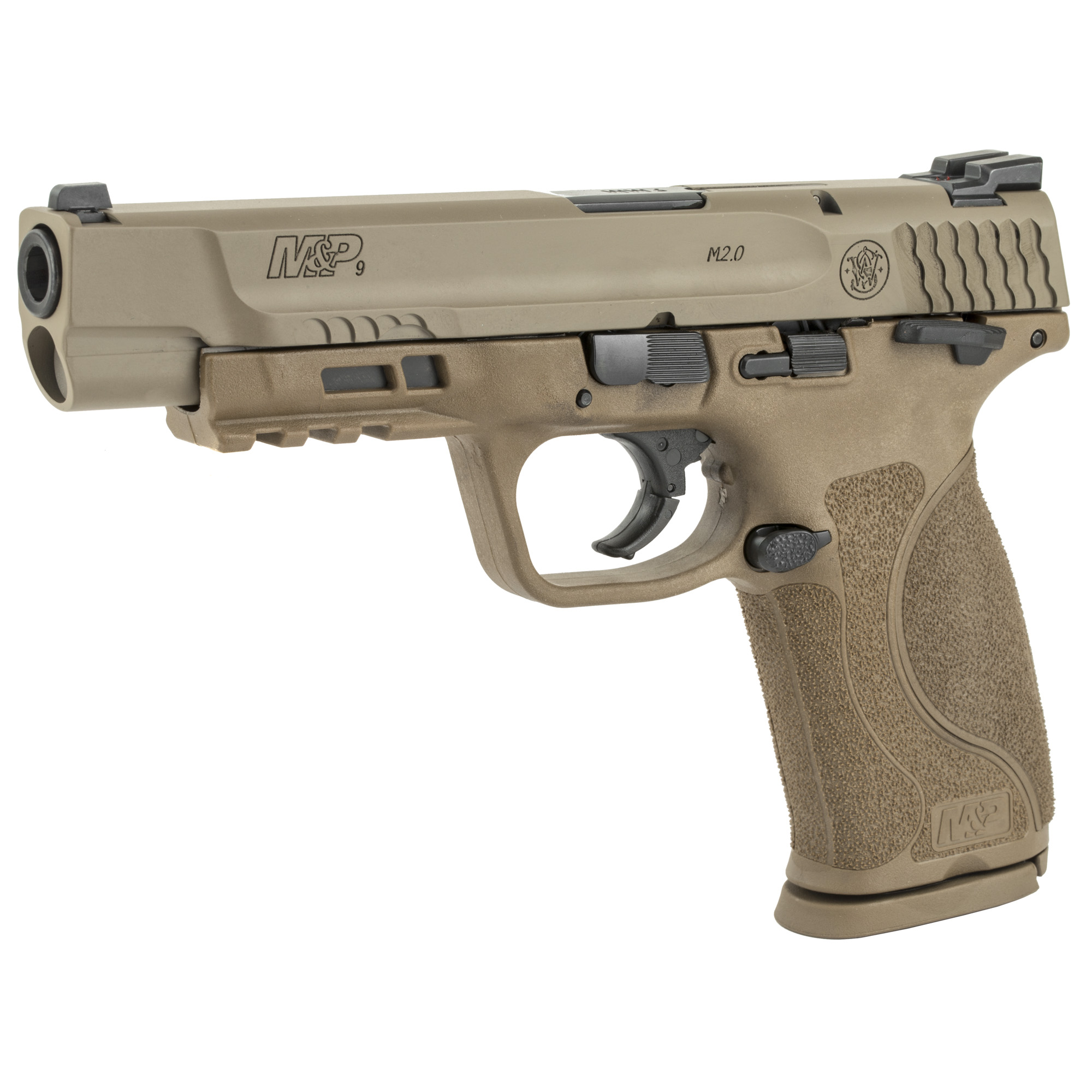 Smith & Wesson, M&P 2.0, Striker Fired, Semi-automatic, Polymer Frame Pistol, Full Size, 9MM, 5" Barrel, Armornite Finish, Flat Dark Earth, 3 Dot Sights, Manual Thumb Safety, 17 Rounds, 2 Magazines