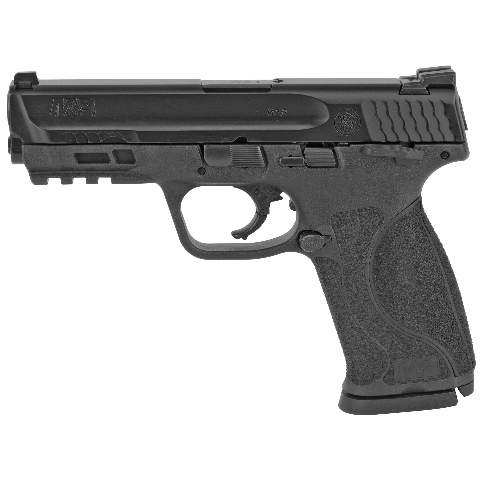 Smith & Wesson, M&P 2.0, Striker Fired, Semi-automatic, Polymer Frame Pistol, Full Size, 9MM, 4.25" Barrel, Armornite Finish, Black, Fixed Sights, Manual Thumb Safety, No Magazine Safety, 17 Rounds, 2 Magazines