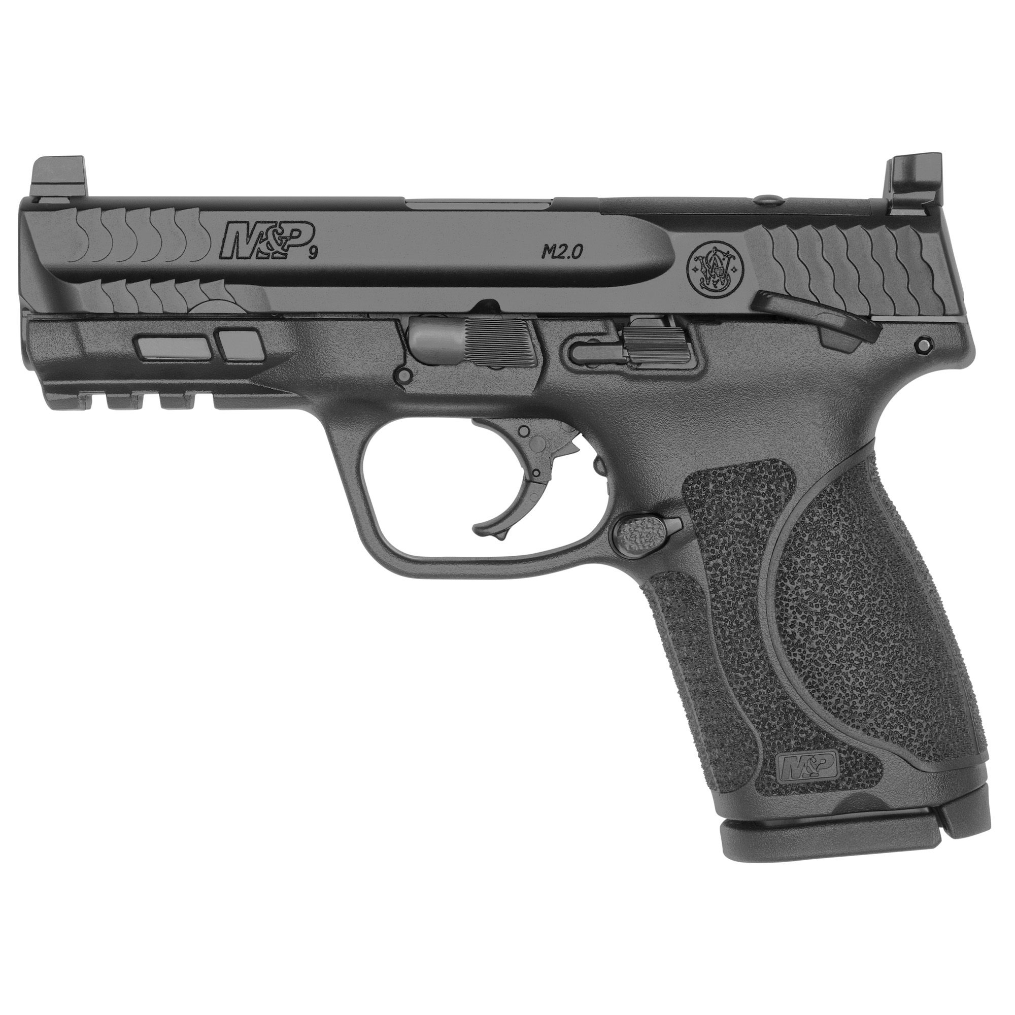 Smith & Wesson, M&P 2.0, Compact, Striker Fired, Semi-automatic, Polymer Frame Pistol, 9MM, 4" Barrel, Armornite Finish, Black, Tall White Dot Sights, Manual Thumb Safety, 15 Rounds, Optics Ready Slide, 2 Magazines