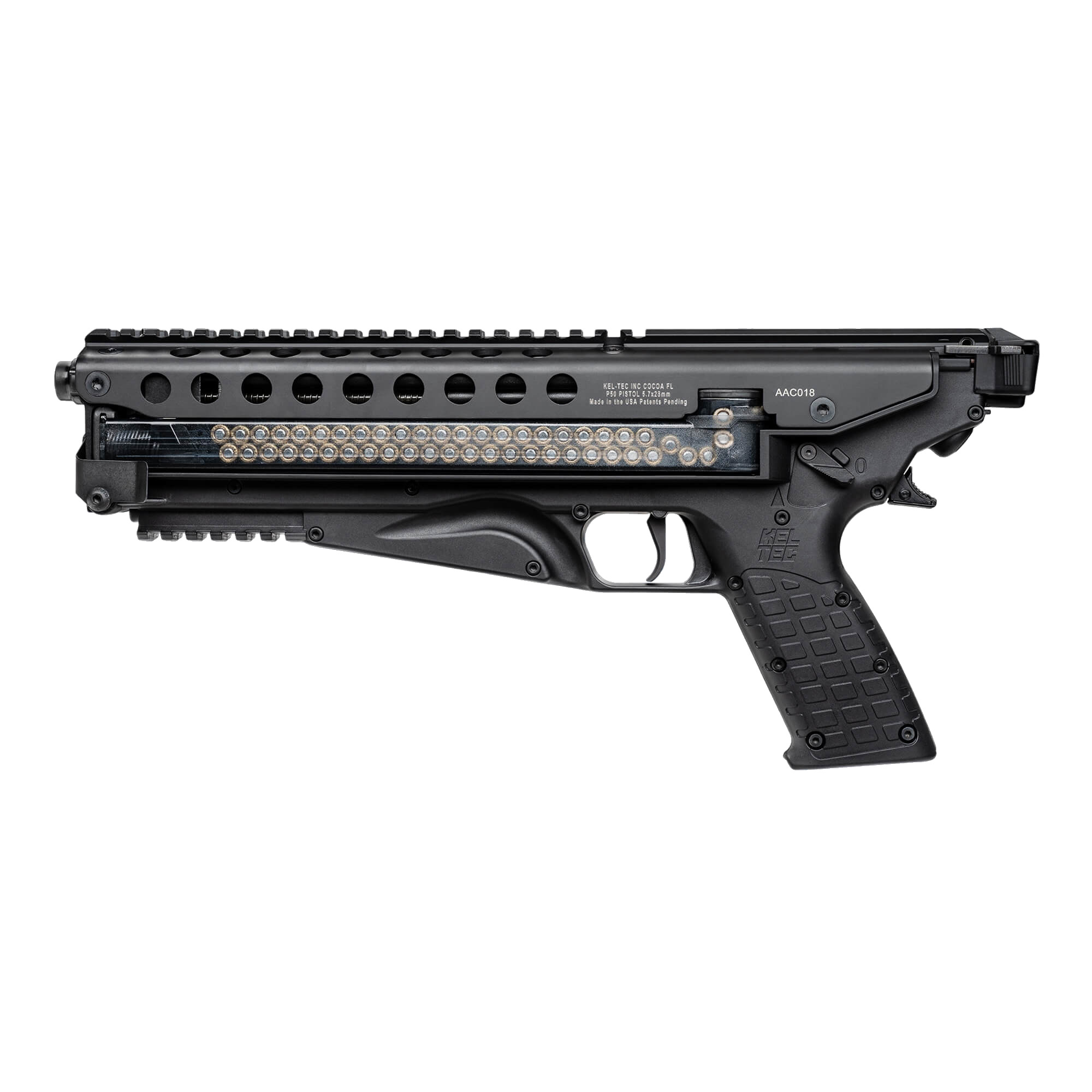 Kel-Tec, P50, Pistol, Semi-automatic, 5.7X28MM, 9.6" Barrel, Threaded Barrel, Polymer, Black, Picatinny Rail, Ambidextrous Safety, 50 Rounds, Ambidextrous