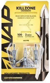 New Archery Products Killzone Crossbow Broadhead 100 Grain 2 Blades Rear Deploying 3 Pack 60-814