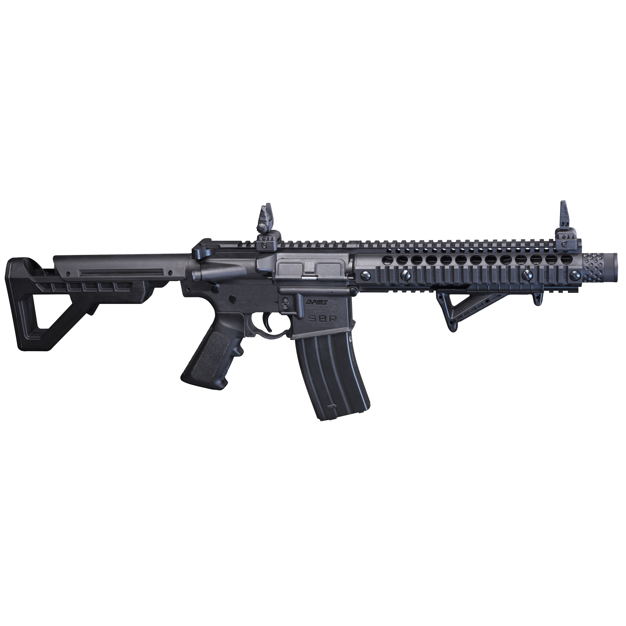 Crosman, DPMS SBR Full Auto BB Rifle, 430 Feet Per Second, 6 Position Adjustable Butt Stock, Blowback Action, 25 Dropout Mag, Flip Up Iron Sights, Angled Foregrip, Black Finish