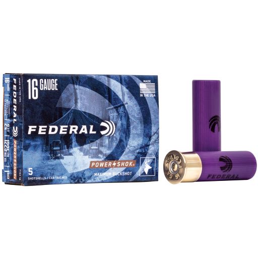 Federal, PowerShok, 16 Gauge, 2.75", 1 Buck, Max Dram, Buckshot, 12 Pellets,5 Round Box