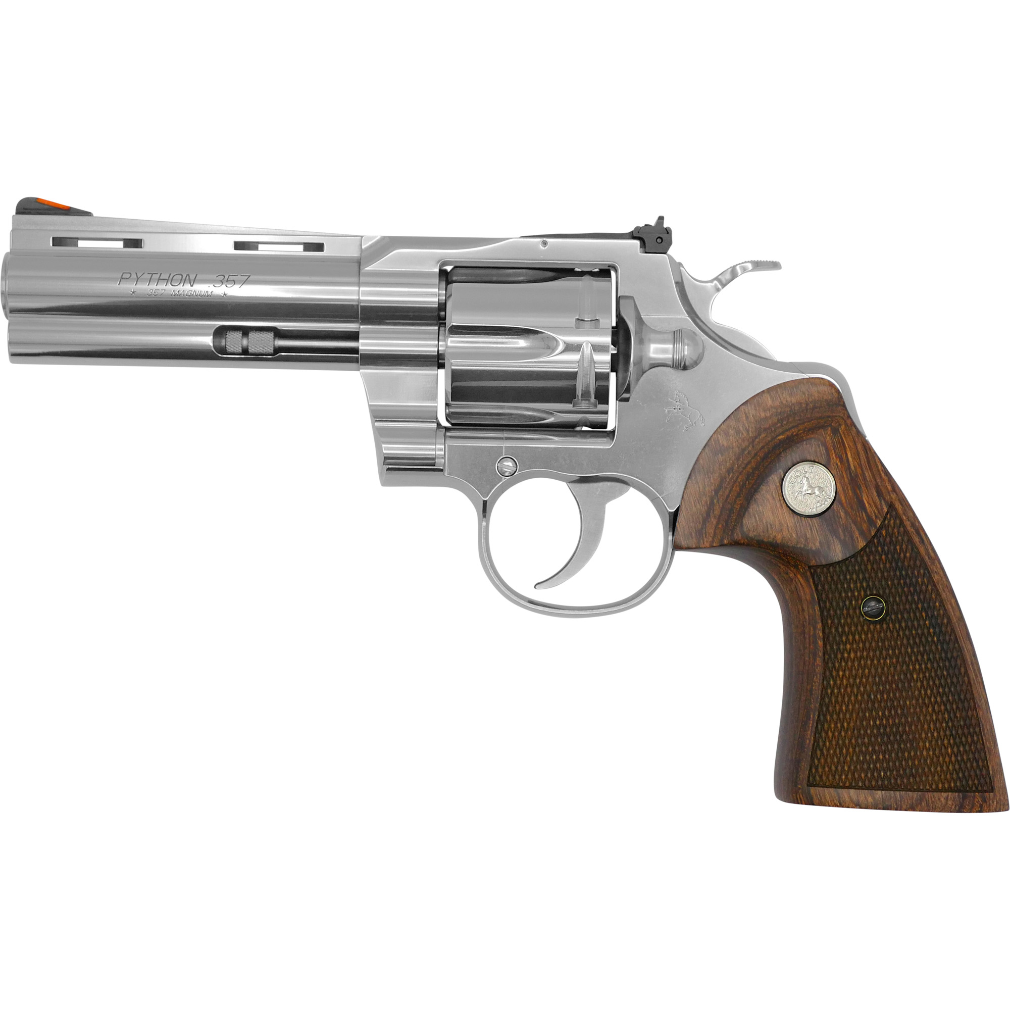 Colt's Manufacturing, Python, Revolver, Double Action Only, 357 Magnum, 4.25" Barrel, Steel, Stainless Finish, Walnut Grips, Red Ramp Front/Adjustable Rear Sight, 6 Rounds