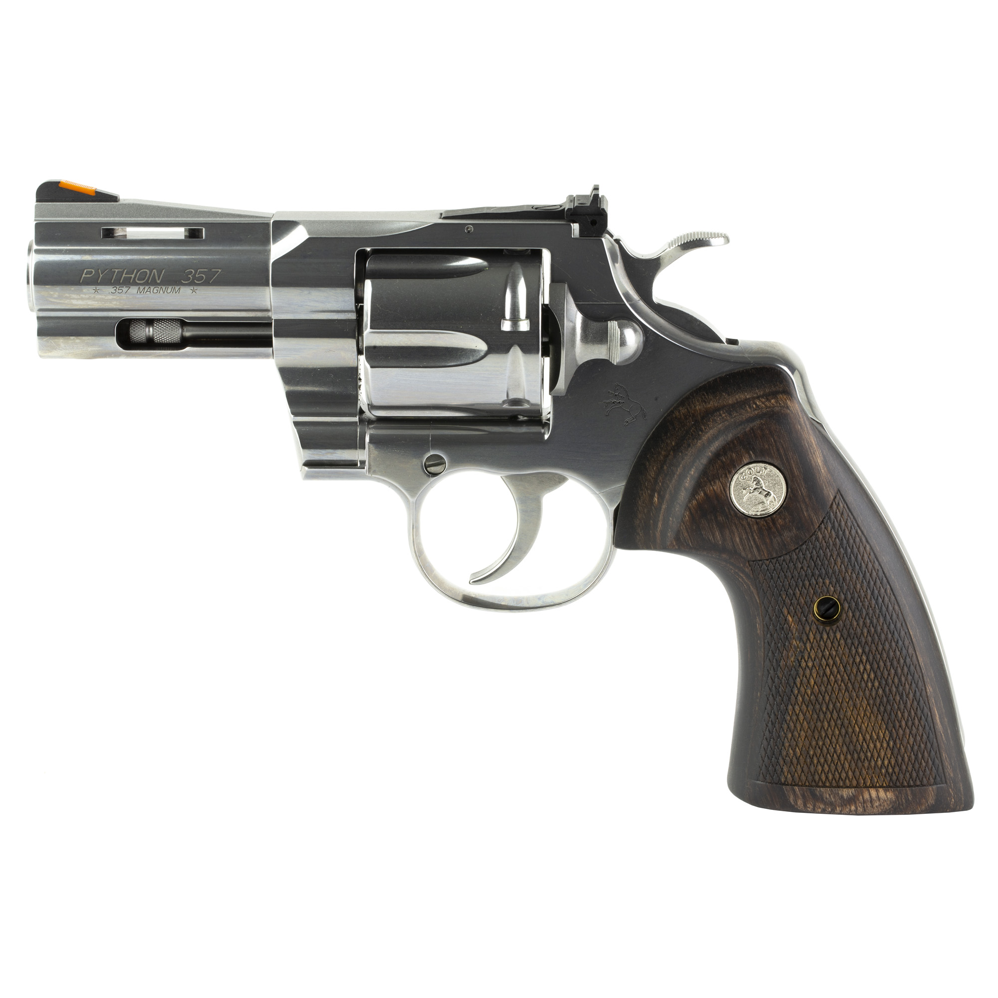 Colt's Manufacturing, Python, Double Action, Steel Frame Revolver, 357 Magnum, 3" Barrel, Stainless Steel Finish, Silver, Walnut Target Grips, Blade Front/Adjustable Rear Sights, 6 Rounds