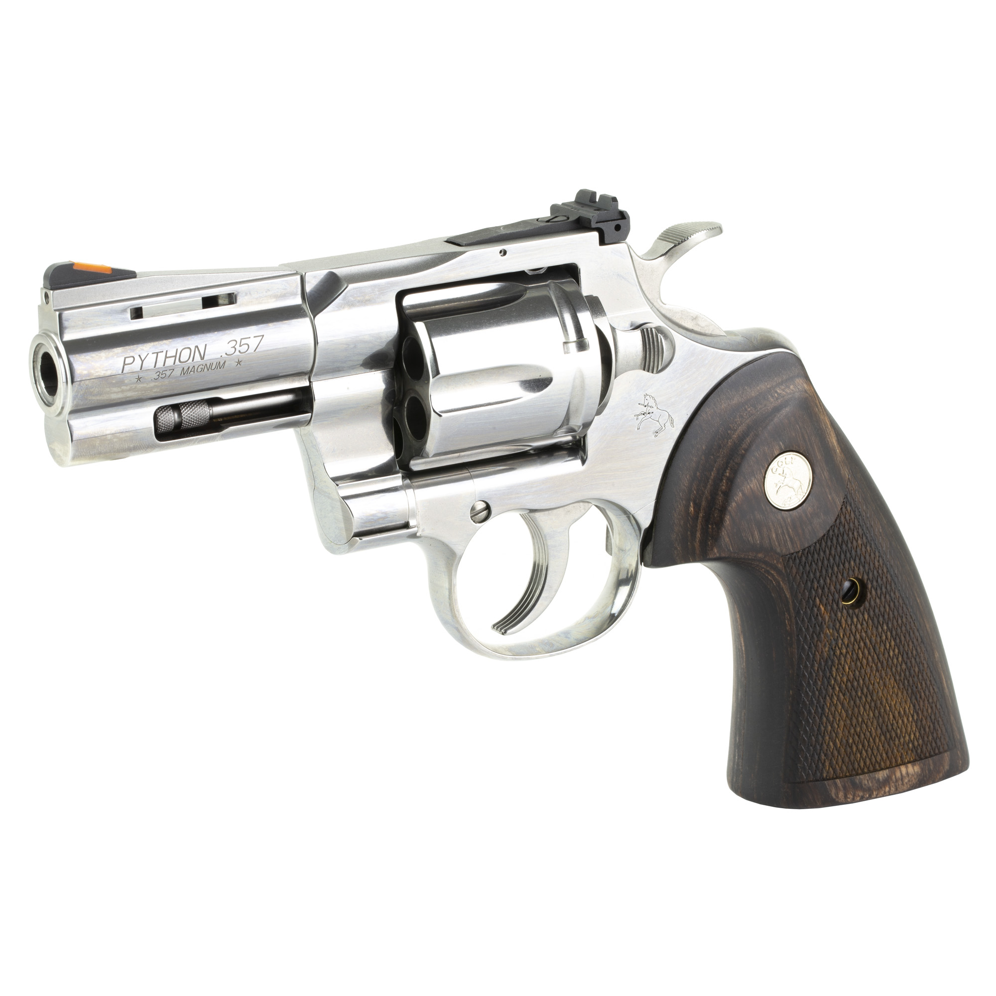 Colt's Manufacturing, Python, Double Action, Steel Frame Revolver, 357 Magnum, 3" Barrel, Stainless Steel Finish, Silver, Walnut Target Grips, Blade Front/Adjustable Rear Sights, 6 Rounds